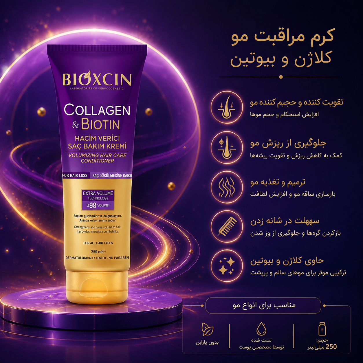 ماسک مراقبت مو بیوکسین مدل Collagen & Biotin حجمدهنده ۲۵۰ میل